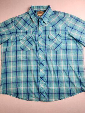 Wrangler Men's Size 2XL Blue White Pearl Snap Shirt Short Sleeve Country Western